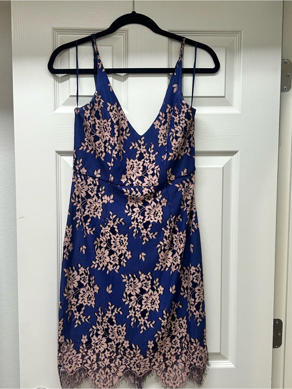 Minuet Petite Navy and Blush Floral Lace Slip Dress